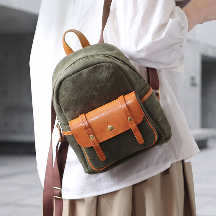 Canvas Mini Backpack Vintage Leather Flap Pocket Heritage Style
