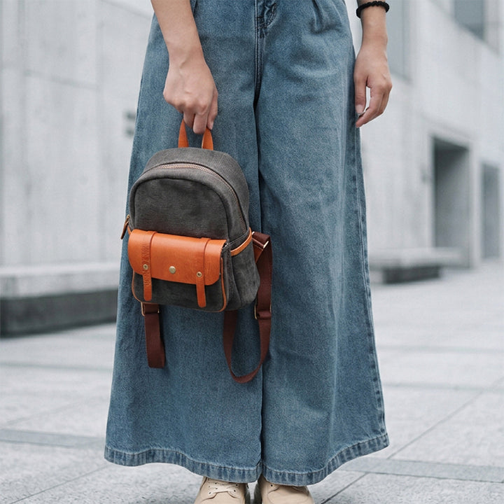 Canvas Mini Backpack Vintage Leather Flap Pocket Heritage Style