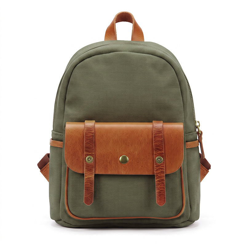 Canvas Mini Backpack Vintage Leather Flap Pocket Heritage Style