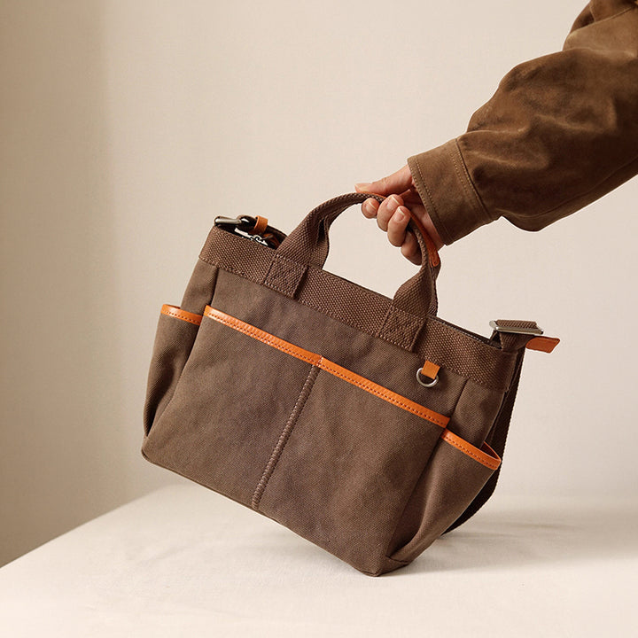 Canvas Tote Bag with Leather Trim &amp; Crossbody Strap Workwear Style