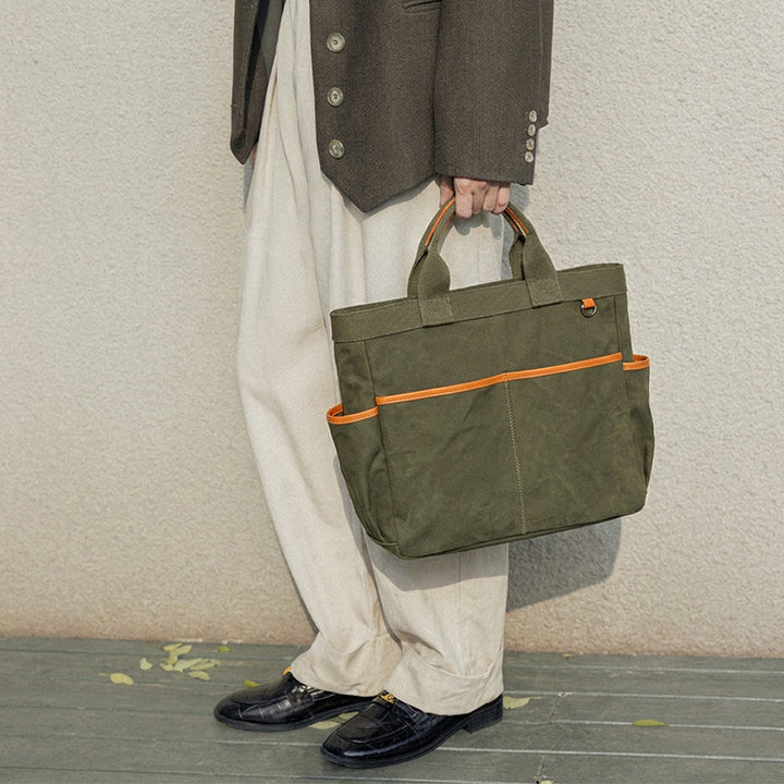 Canvas Tote Bag with Leather Trim &amp; Crossbody Strap Workwear Style