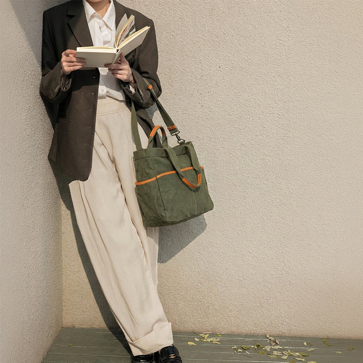Canvas Tote Bag with Leather Trim &amp; Crossbody Strap Workwear Style