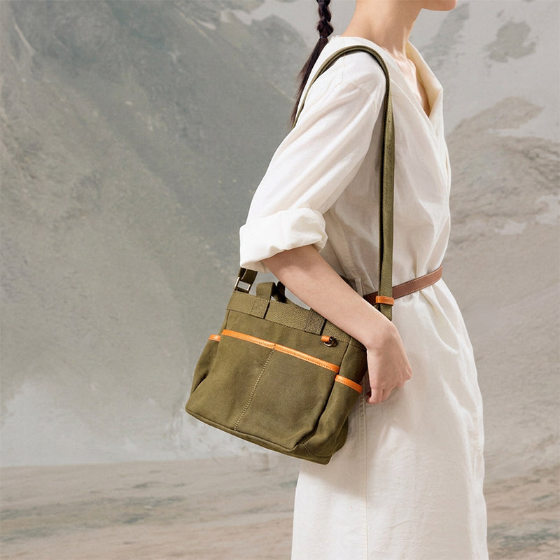 Canvas Tote Bag with Leather Trim &amp; Crossbody Strap Workwear Style