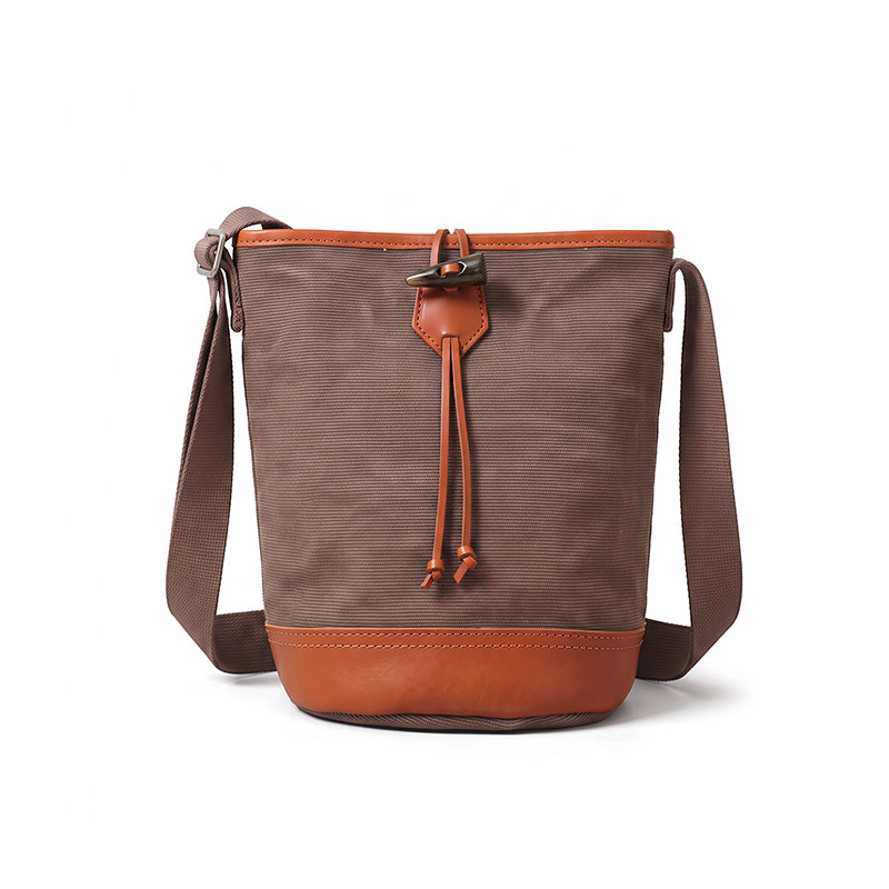 Canvas Bucket Bag with Leather Trim Toggle Closure Crossbody Bag