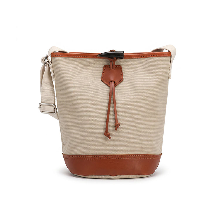 Canvas Bucket Bag with Leather Trim Toggle Closure Crossbody Bag