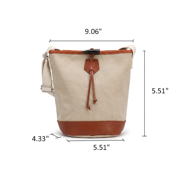 Canvas Bucket Bag with Leather Trim Toggle Closure Crossbody Bag