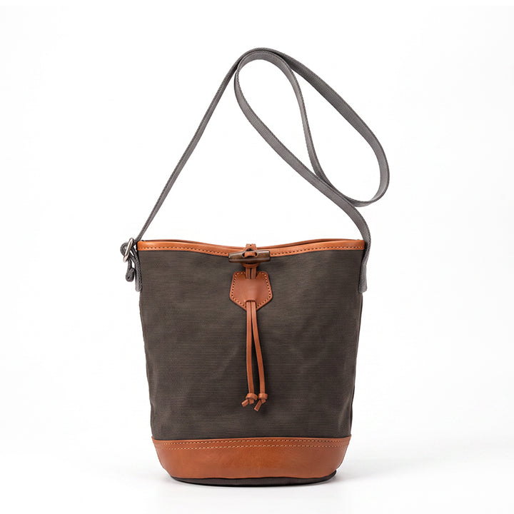 Canvas Bucket Bag with Leather Trim Toggle Closure Crossbody Bag