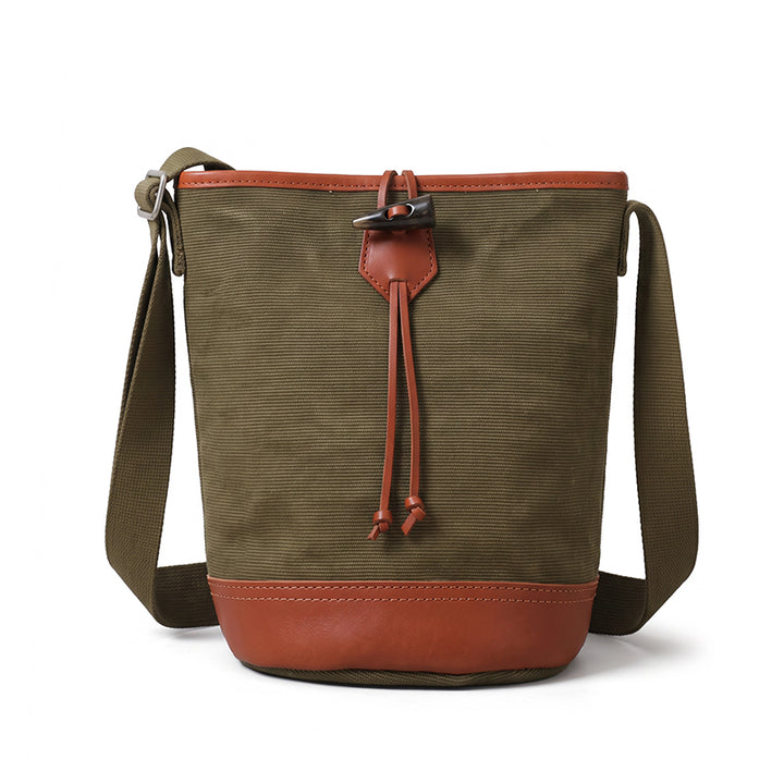Canvas Bucket Bag with Leather Trim Toggle Closure Crossbody Bag