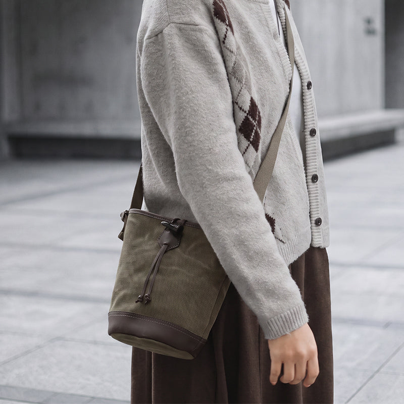 Canvas Bucket Bag with Leather Trim Toggle Closure Crossbody Bag