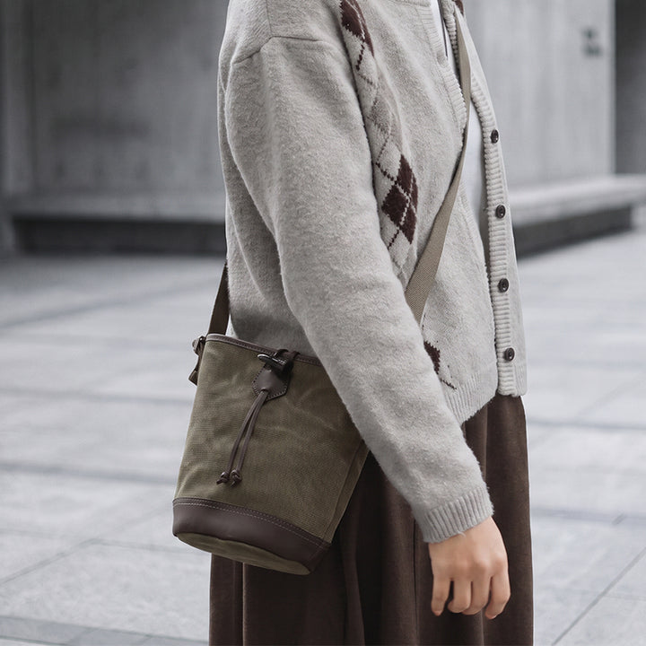 Canvas Bucket Bag with Leather Trim Toggle Closure Crossbody Bag