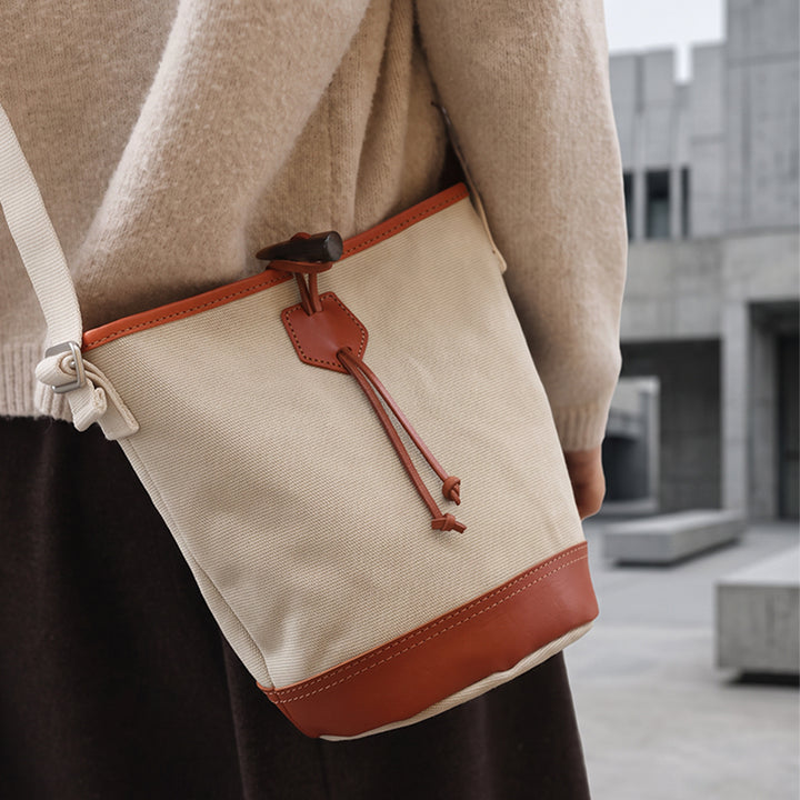 Canvas Bucket Bag with Leather Trim Toggle Closure Crossbody Bag