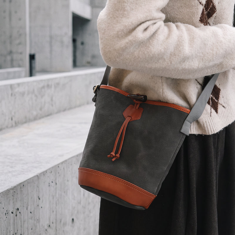 Canvas Bucket Bag with Leather Trim Toggle Closure Crossbody Bag