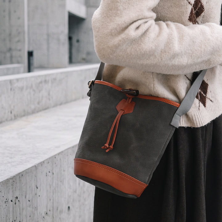 Canvas Bucket Bag with Leather Trim Toggle Closure Crossbody Bag