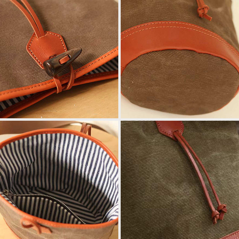 Canvas Bucket Bag with Leather Trim Toggle Closure Crossbody Bag