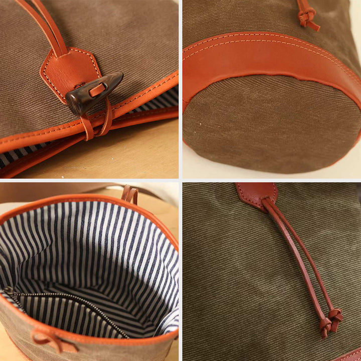Canvas Bucket Bag with Leather Trim Toggle Closure Crossbody Bag