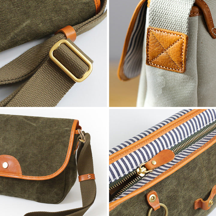 Canvas Messenger Bag with Leather Trim Crossbody Strap