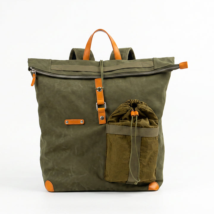 Waxed Canvas Backpack with Leather Trim Vintage Utility Roll-Top