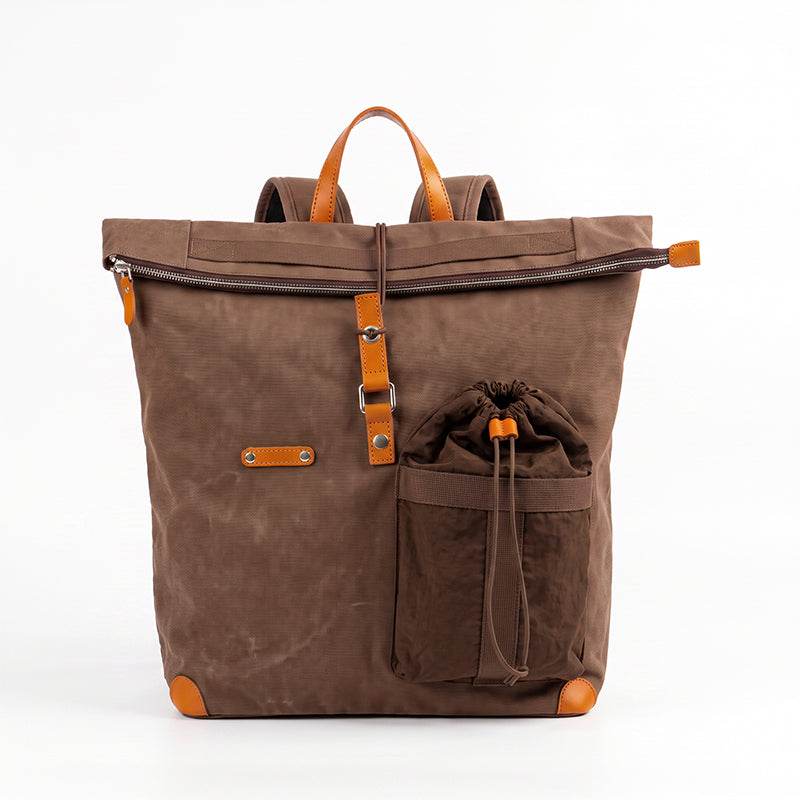 Waxed Canvas Backpack with Leather Trim Vintage Utility Roll-Top