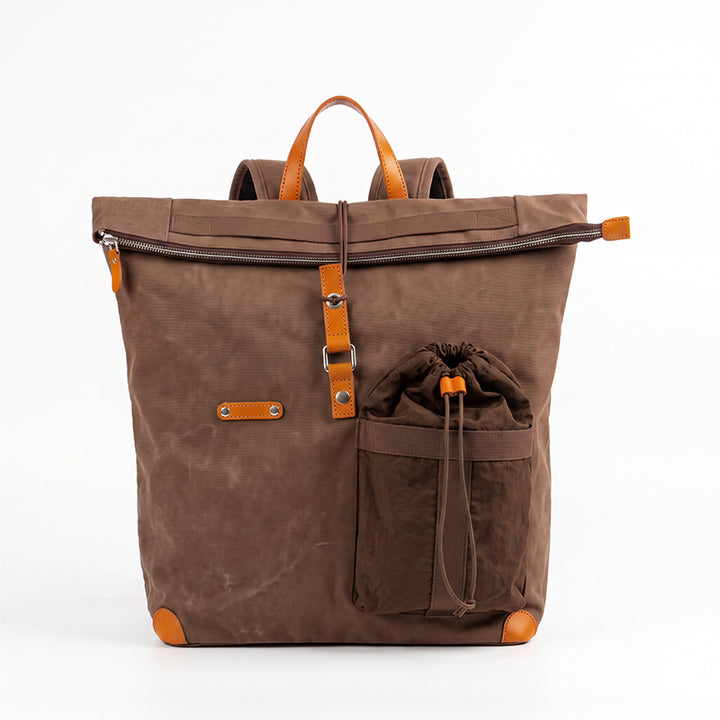 Waxed Canvas Backpack with Leather Trim Vintage Utility Roll-Top