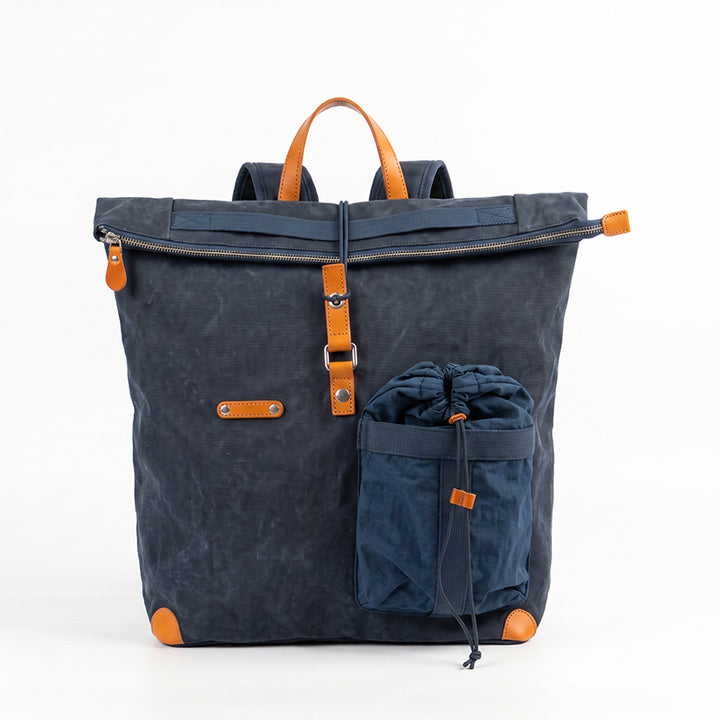 Waxed Canvas Backpack with Leather Trim Vintage Utility Roll-Top