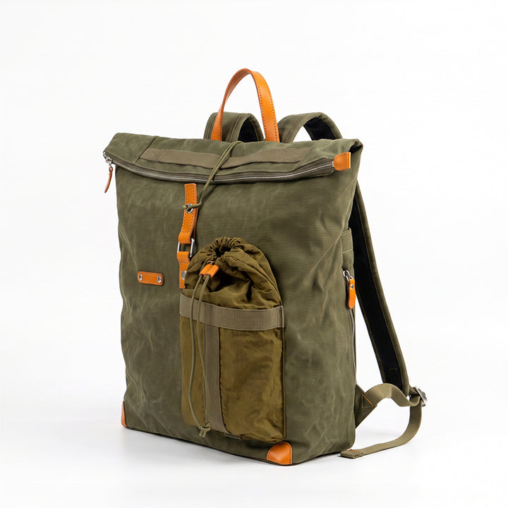 Waxed Canvas Backpack with Leather Trim Vintage Utility Roll-Top
