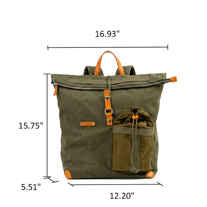 Waxed Canvas Backpack with Leather Trim Vintage Utility Roll-Top