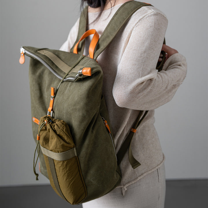 Waxed Canvas Backpack with Leather Trim Vintage Utility Roll-Top