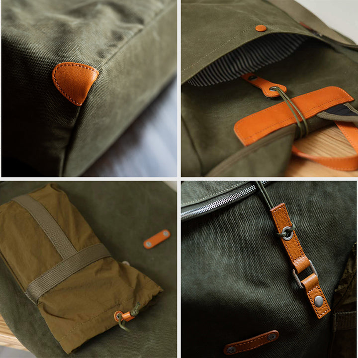 Waxed Canvas Backpack with Leather Trim Vintage Utility Roll-Top