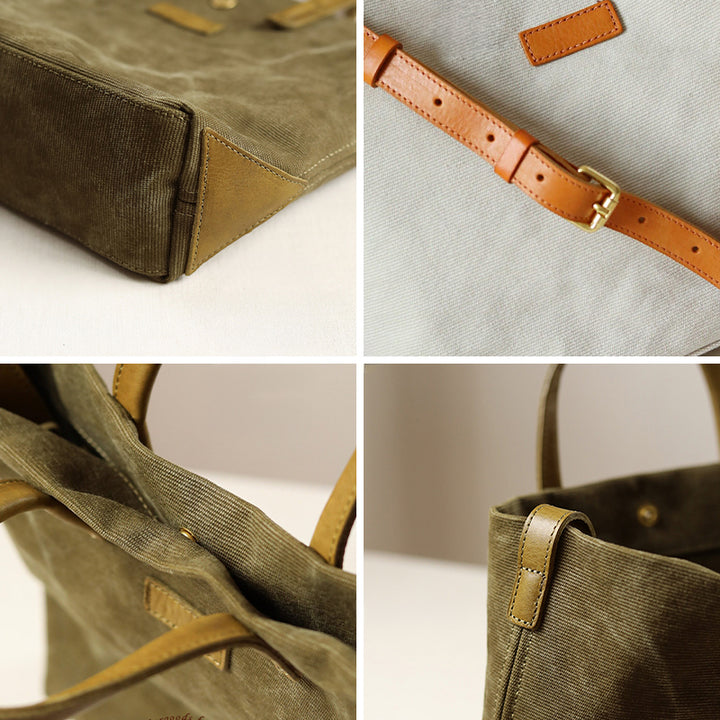Canvas Tote Bag with Leather Trim Detachable Crossbody Strap