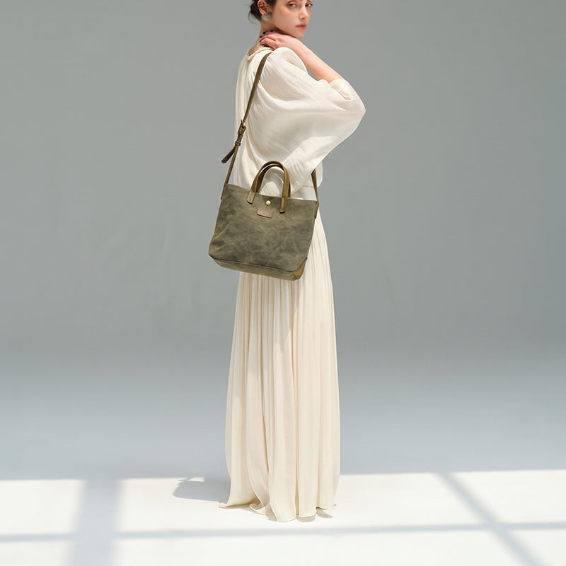 Canvas Tote Bag with Leather Trim Detachable Crossbody Strap