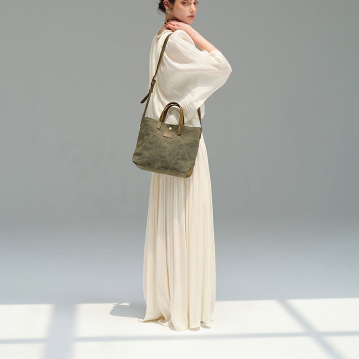 Canvas Tote Bag with Leather Trim Detachable Crossbody Strap
