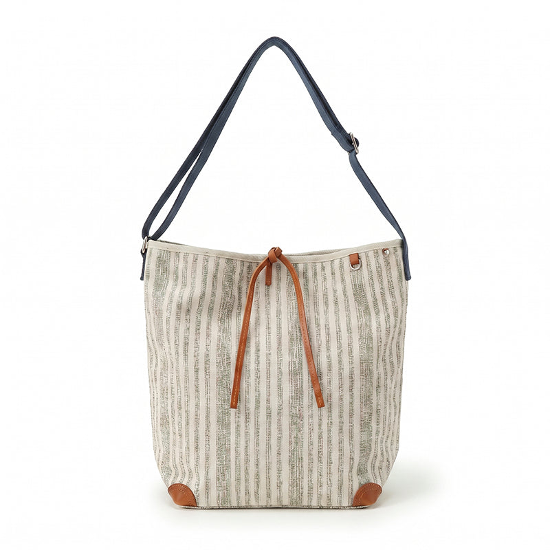 Canvas Bucket Bag Striped Drawstring Shoulder Crossbody Bag