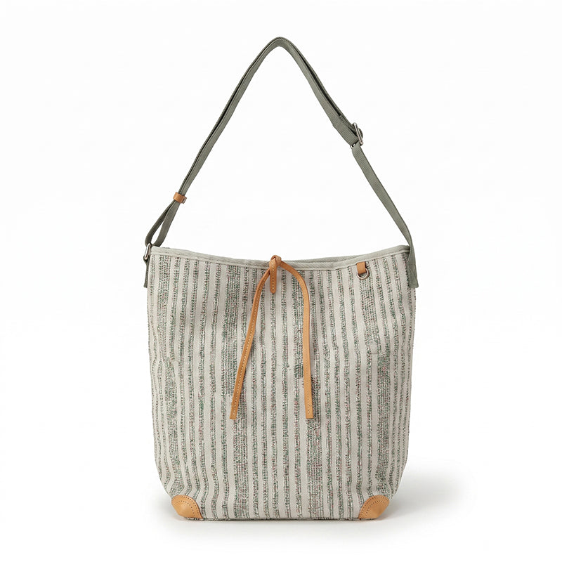 Canvas Bucket Bag Striped Drawstring Shoulder Crossbody Bag