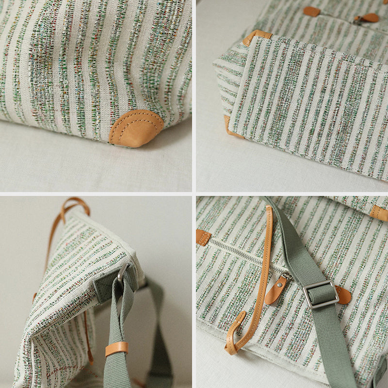 Canvas Bucket Bag Striped Drawstring Shoulder Crossbody Bag