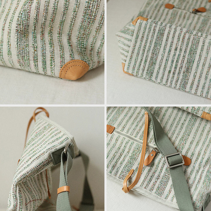 Canvas Bucket Bag Striped Drawstring Shoulder Crossbody Bag