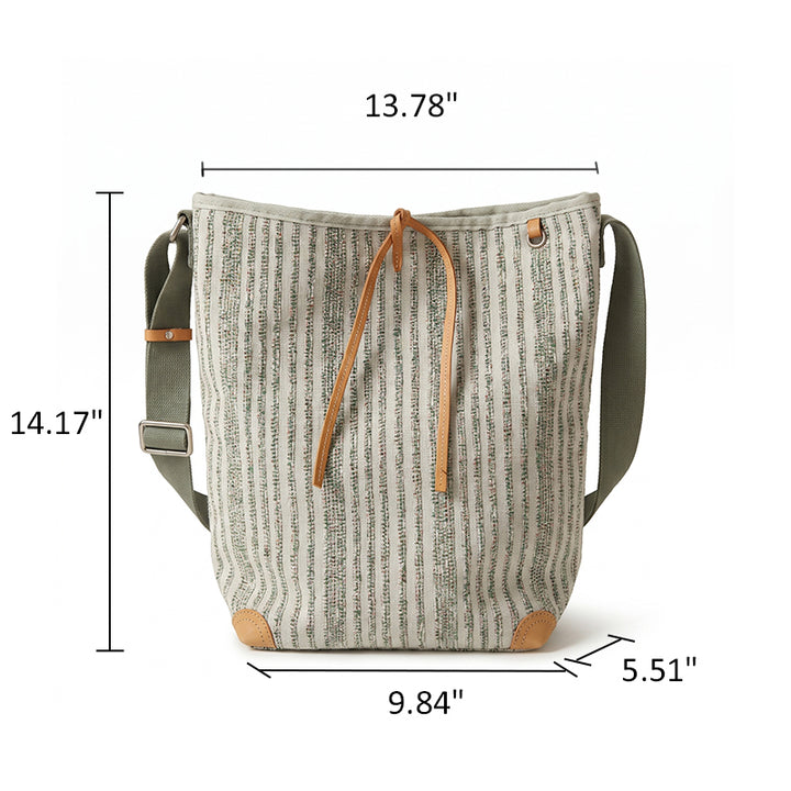 Canvas Bucket Bag Striped Drawstring Shoulder Crossbody Bag