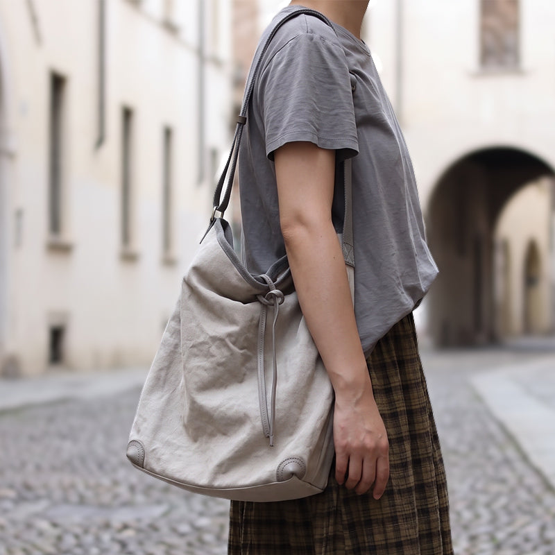 Canvas Bucket Bag Striped Drawstring Shoulder Crossbody Bag