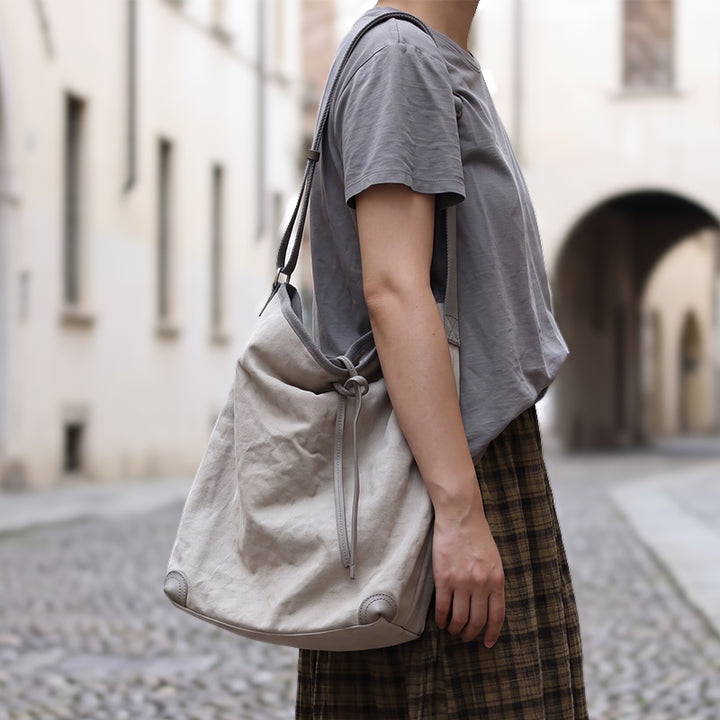 Canvas Bucket Bag Striped Drawstring Shoulder Crossbody Bag