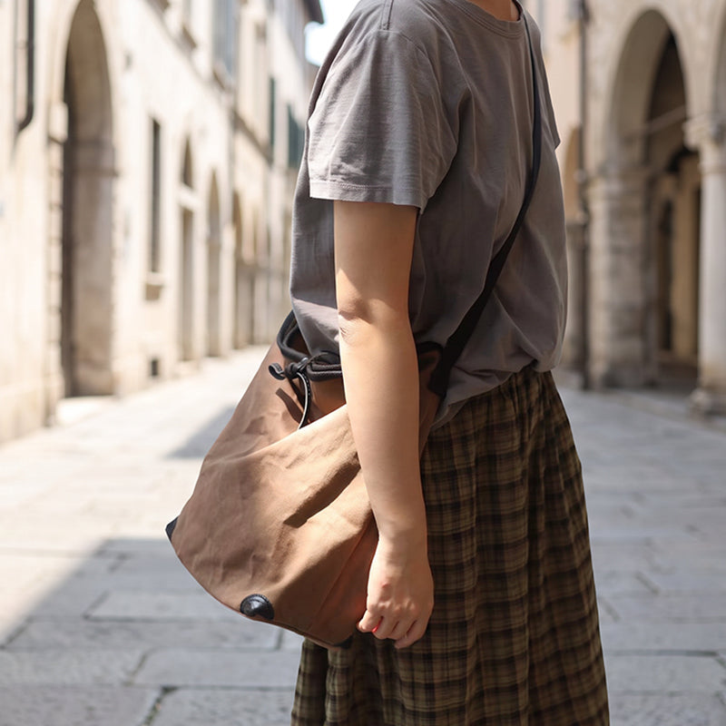Canvas Bucket Bag Striped Drawstring Shoulder Crossbody Bag