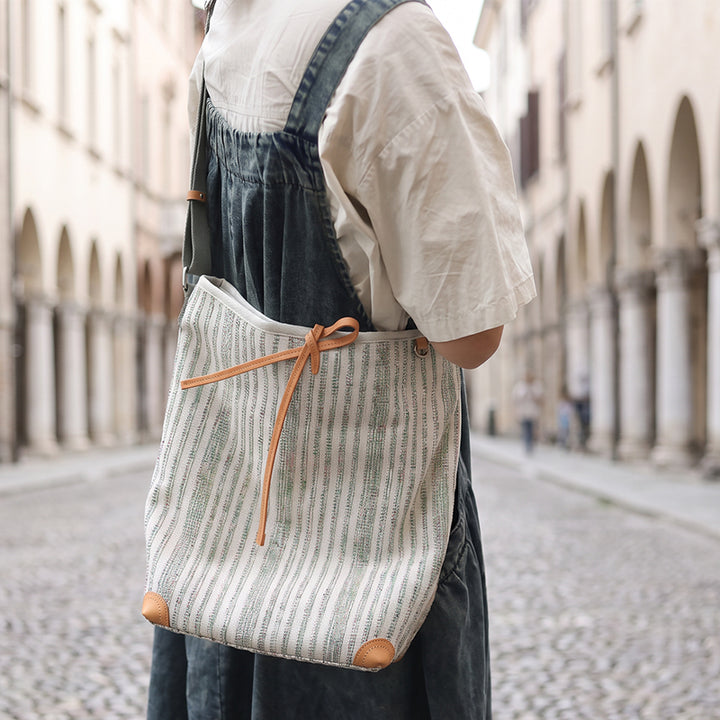 Canvas Bucket Bag Striped Drawstring Shoulder Crossbody Bag