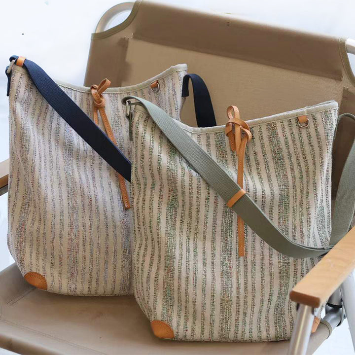 Canvas Bucket Bag Striped Drawstring Shoulder Crossbody Bag