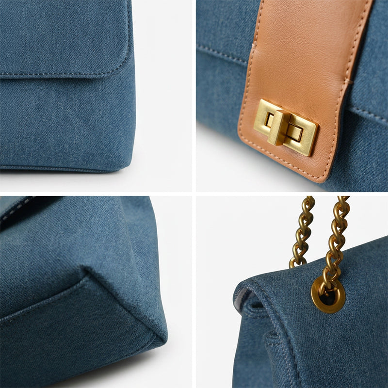 Denim Flap Bag Chain Strap Turn Lock Crossbody Shoulder Bag