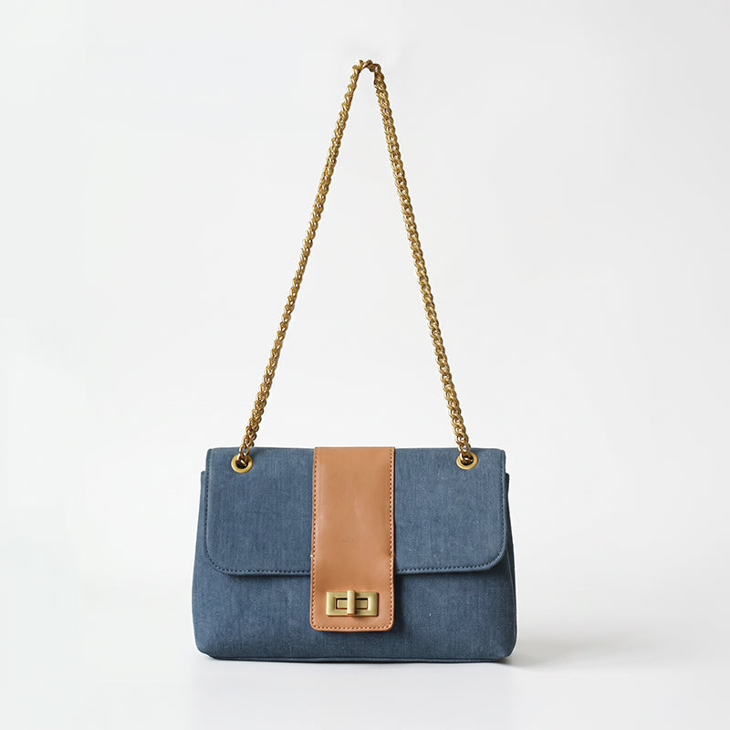 Denim Flap Bag Chain Strap Turn Lock Crossbody Shoulder Bag