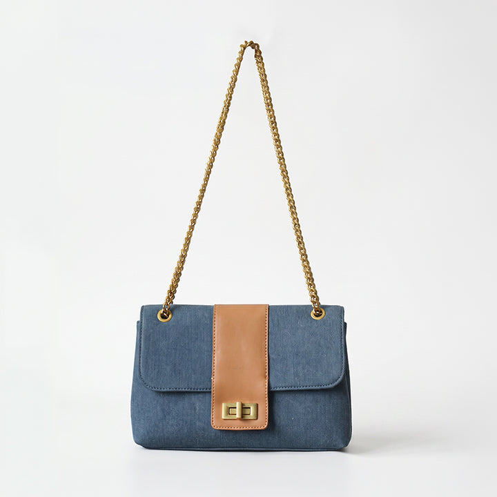 Denim Flap Bag Chain Strap Turn Lock Crossbody Shoulder Bag