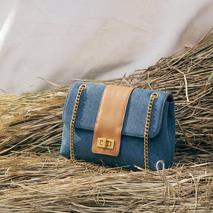Denim Flap Bag Chain Strap Turn Lock Crossbody Shoulder Bag