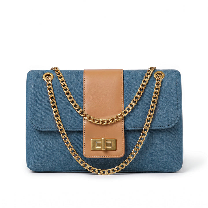 Denim Flap Bag Chain Strap Turn Lock Crossbody Shoulder Bag
