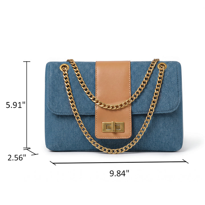 Denim Flap Bag Chain Strap Turn Lock Crossbody Shoulder Bag