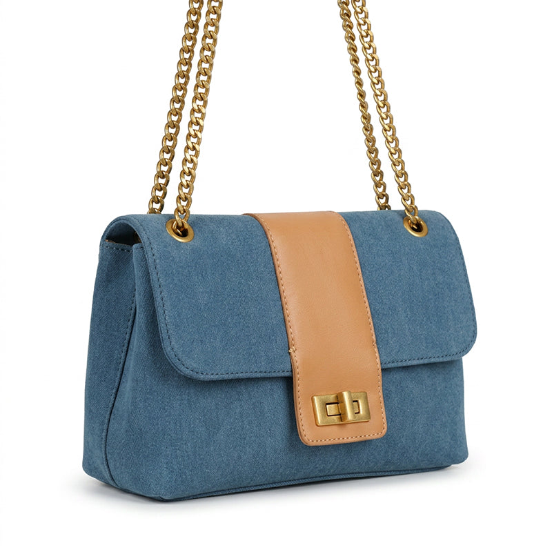 Denim Flap Bag Chain Strap Turn Lock Crossbody Shoulder Bag