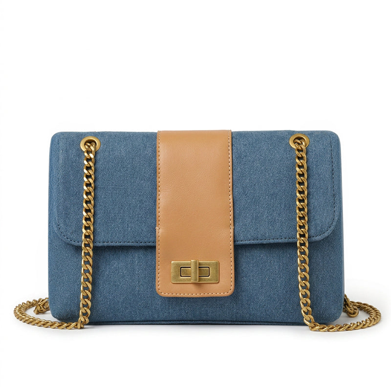 Denim Flap Bag Chain Strap Turn Lock Crossbody Shoulder Bag