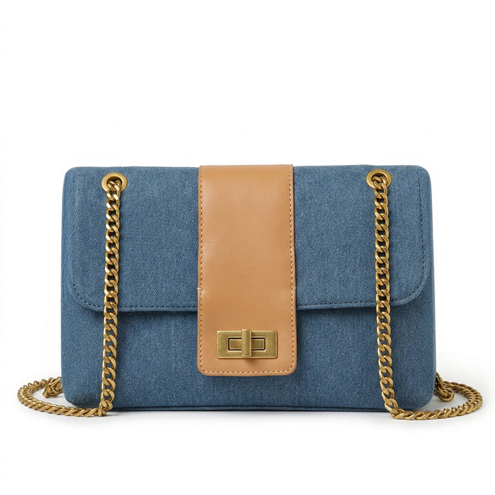 Denim Flap Bag Chain Strap Turn Lock Crossbody Shoulder Bag